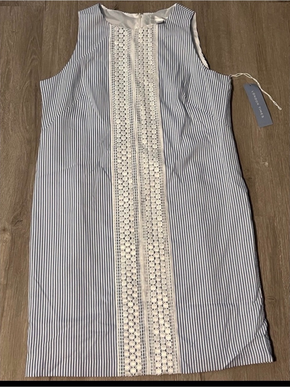 London Times Blue and White Striped Dress with Lace Accent - Picture 8 of 8